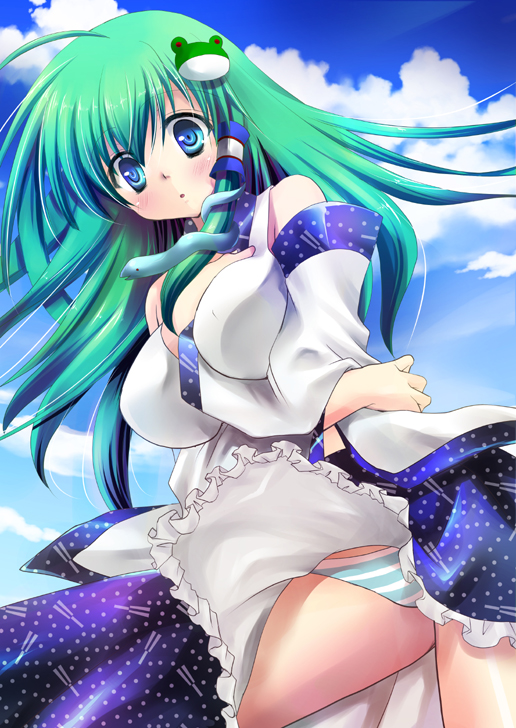 1girl, :o, blue_eyes, blush, breasts, cloud, day, detached_sleeves