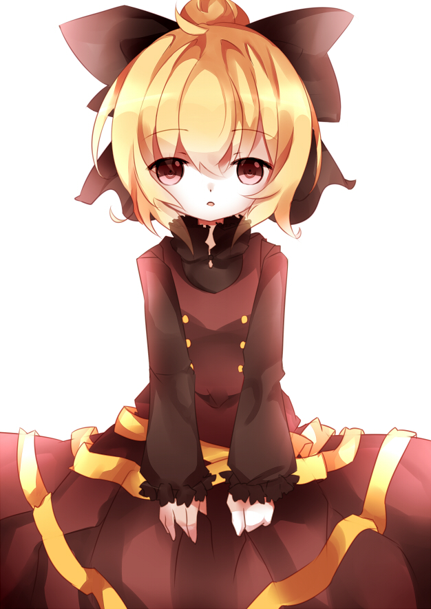 1girl, blonde_hair, blush, bow, brown_eyes, dress, female_focus, hair_bow