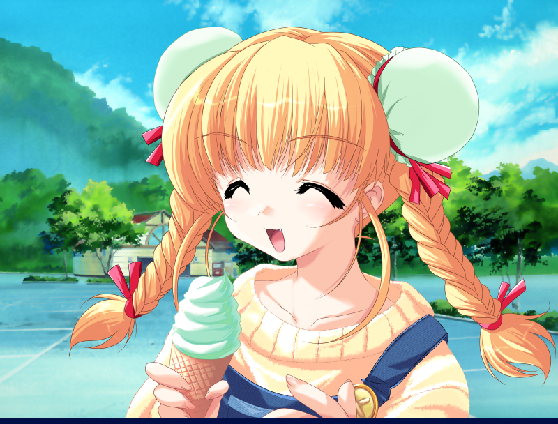 1girl, blonde_hair, downhill_night, emily_(pure_dream), closed_eyes, fang, food, game_cg