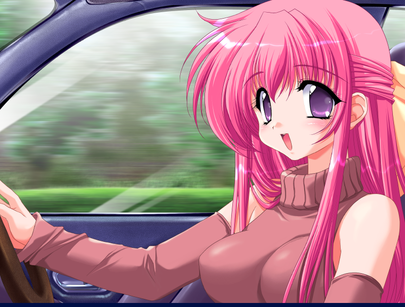 00s, 1girl, breasts, car, detached_sleeves, downhill_night, driving, emily_(pure_dream), hair_ribbon, konosaki_michi, large_breasts, long_hair, motor_vehicle, pink_hair, purple_eyes, ribbon, top_(company)