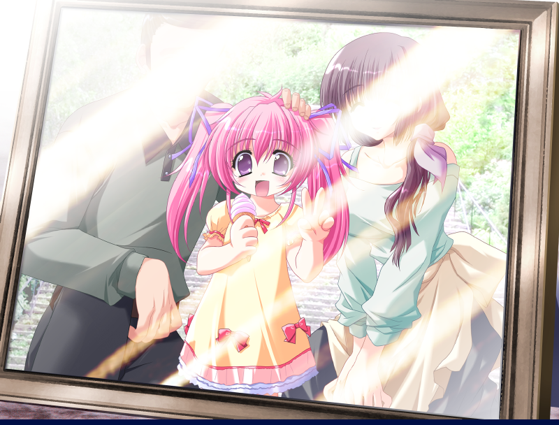 1girl, child, downhill_night, emily_(pure_dream), food, hair_ribbon, ice_cream, konosaki_michi, long_hair, photo_(object), pink_hair, purple_eyes, ribbon, top_(company), twintails, v