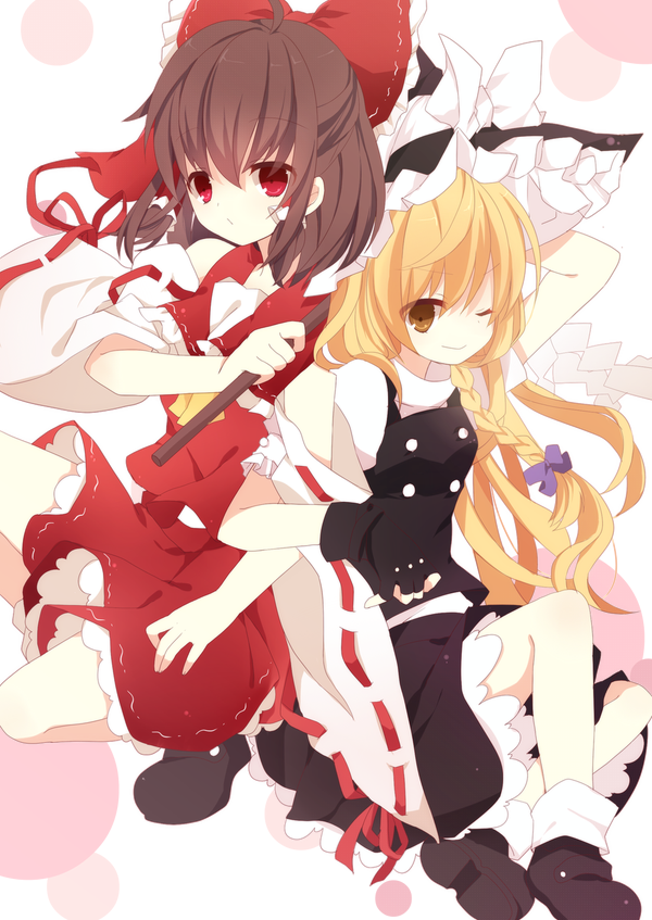 2girls, ari, bad_id, bad_pixiv_id, blonde_hair, bow, braid, detached_sleeves