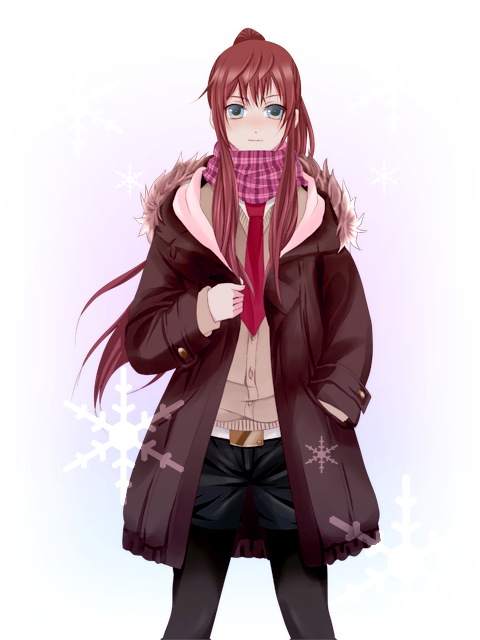 1girl, alternate_hairstyle, bad_id, bad_pixiv_id, blue_eyes, brown_hair, coat, female_focus, long_hair, makise_kurisu, necktie, pantyhose, pantyhose_under_shorts, ponytail, red_necktie, scarf, science_adventure, shorts, smile, solo, steins;gate, tadahana_(ramb's_ear)