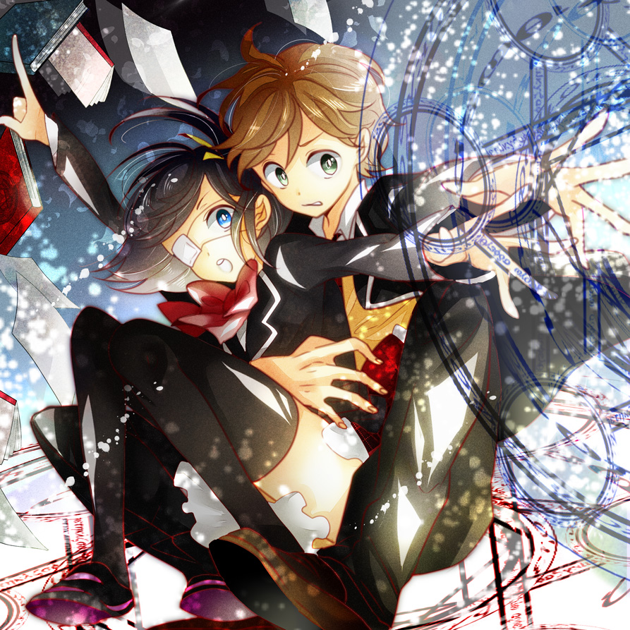 10s, 1boy, 1girl, black_hair, blue_eyes, book, brown_hair, chuunibyou_demo_koi_ga_shitai!