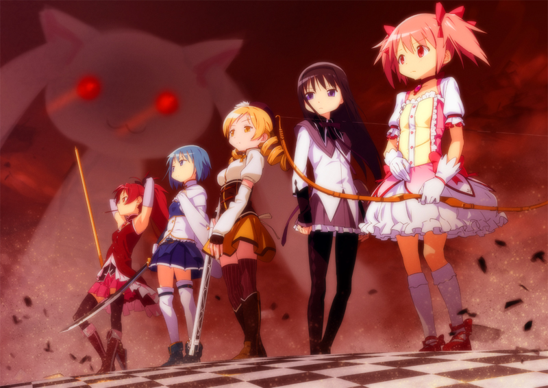 10s, 5girls, :3, akemi_homura, akemi_homura_(magical_girl), arms_behind_head, beret, black_hair