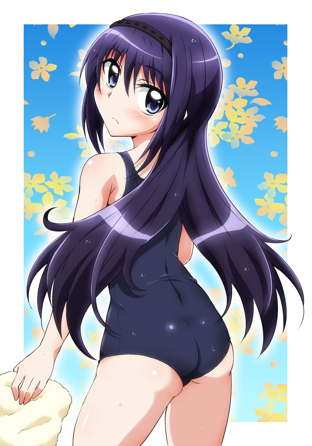 10s, 1girl, akemi_homura, ass, black_hair, blue_eyes, blush, female_focus