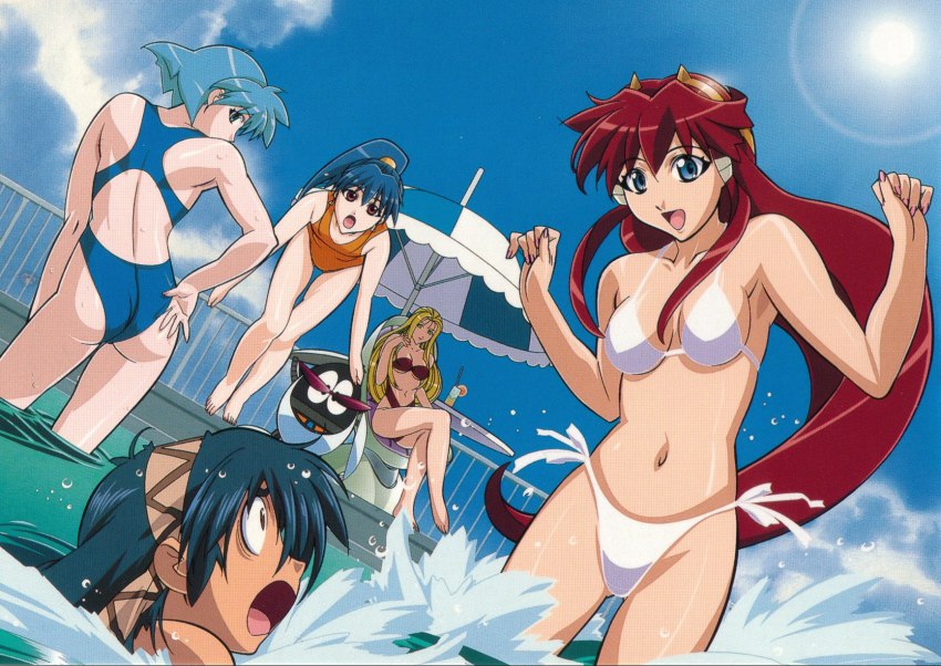 00s, 4girls, :d, :o, adjusting_clothes, adjusting_swimsuit, ass, bandeau, barefoot, bent_over, bikini, blonde_hair, blue_eyes, blue_hair, breasts, casual_one-piece_swimsuit, chair, cleavage, cloud, competition_swimsuit, crossed_legs, day, dita_liebely, drink, drinking_straw, dutch_angle, earrings, feet, fence, flat_chest, green_eyes, hair_ornament, hairband, hibiki_tokai, highres, jewelry, jumping, jura_basil_elden, kuroda_kazuya, legs, long_hair, looking_back, medium_breasts, meia_gisborn, misty_cornwell, multiple_girls, navel, necklace, one-piece_swimsuit, open_mouth, outdoors, pool, poolside, pyoro, red_eyes, red_hair, robot, scan, scan_artifacts, short_hair, side-tie_bikini_bottom, sitting, sky, smile, splashing, standing, submerged, sun, surprised, swimsuit, table, thigh_gap, toes, umbrella, underboob, vandread, very_long_hair, wading, water, wet, white_bikini