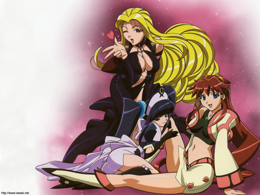 00s, 3girls, arm_support, ass, between_breasts, blonde_hair, blowing_kiss, blue_eyes