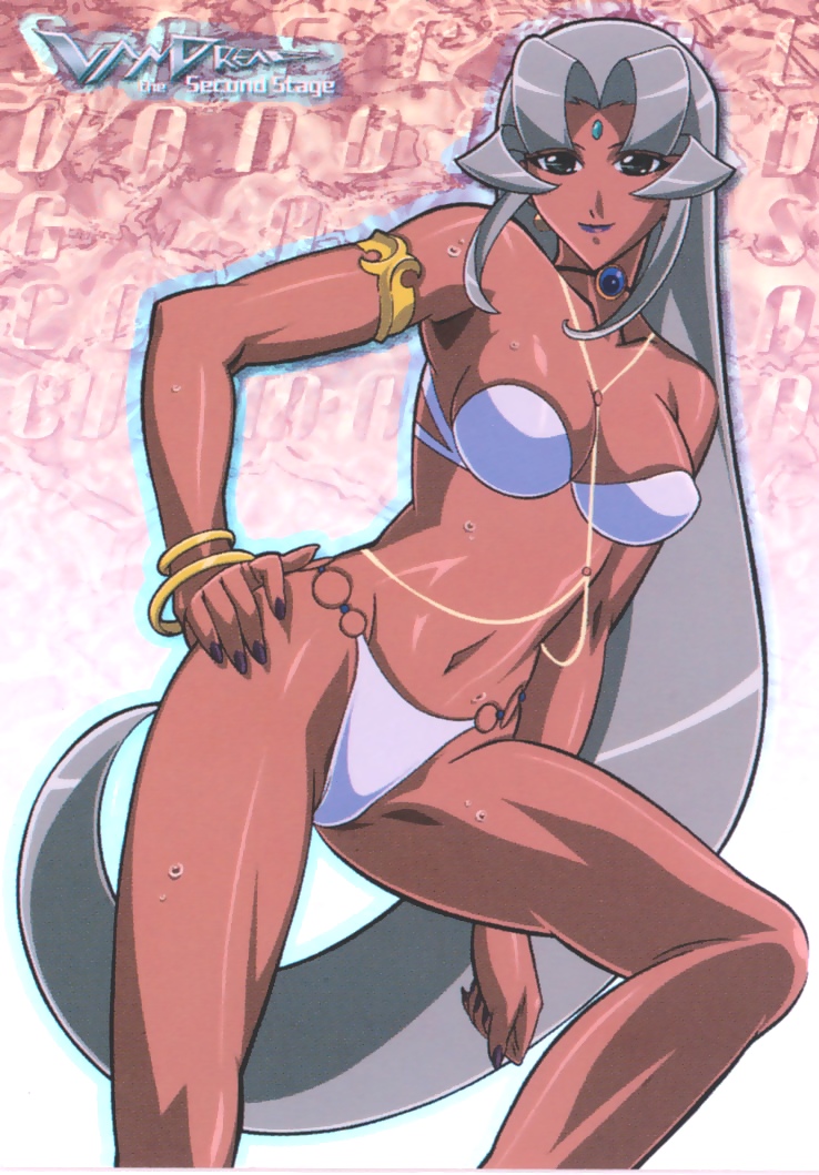 00s, 1girl, alternate_costume, arm_at_side, armlet, bare_legs, bare_shoulders, bikini, bracelet, breasts, buzam_a_calessa, chain, chain_necklace, choker, clenched_hand, closed_mouth, copyright_name, dark-skinned_female, dark_skin, female_focus, forehead_jewel, gender_request, genderswap, grey_hair, hand_on_own_hip, jewelry, kuroda_kazuya, lips, lipstick, long_hair, looking_at_viewer, makeup, medium_breasts, midriff, nail_polish, navel, neck, necklace, parted_bangs, purple_lips, purple_nails, smile, solo, standing, strapless, strapless_bikini, sweat, swimsuit, vandread, very_long_hair, white_bikini