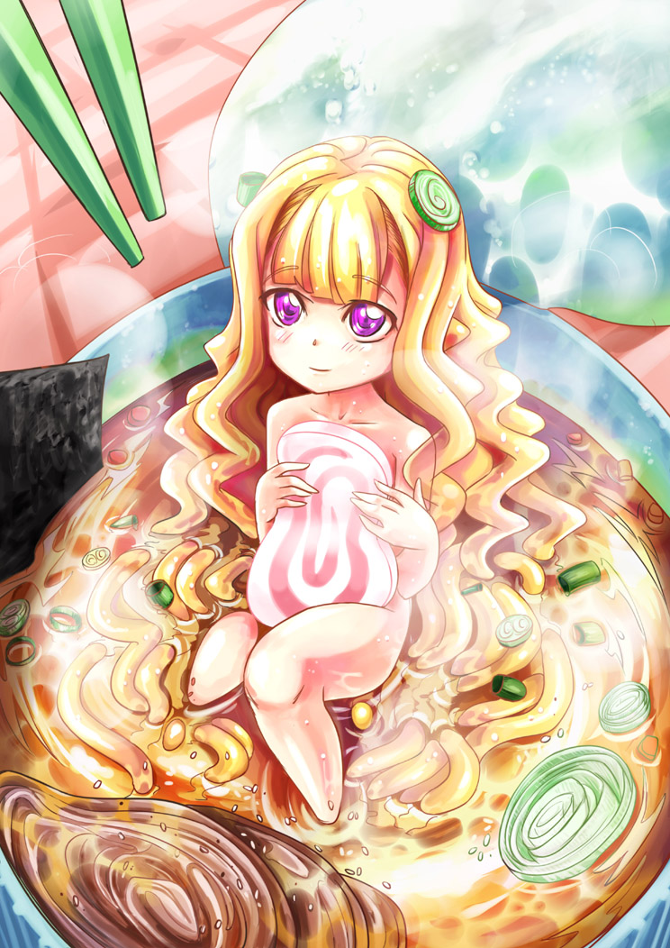 1girl, blonde_hair, blunt_bangs, blush, bowl, chopsticks, covering_privates, instant_cup_noodles, female_focus, food, hair_ornament, hm_(hmongt), in_bowl, in_container, in_food, instant_noodles, kamaboko, long_hair, mini_person, minigirl, narutomaki, noodles, nude, original, personification, purple_eyes, ramen, ramen-chan, smile, solo, steam, vegetable, wavy_hair