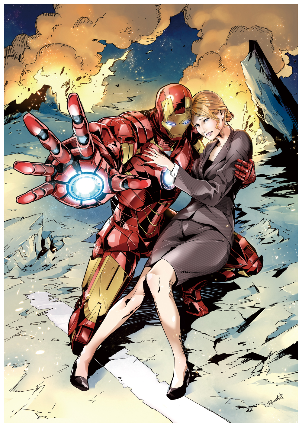 1boy, 1girl, animification, armor, business_suit, fire, formal_clothes, fuse_ryuuta, glowing, high_heels, highres, iron_man, iron_man_(series), iron_man_3, marvel, pepper_potts, ruins, ryuuta_(ipse), shoes, suit, tony_stark