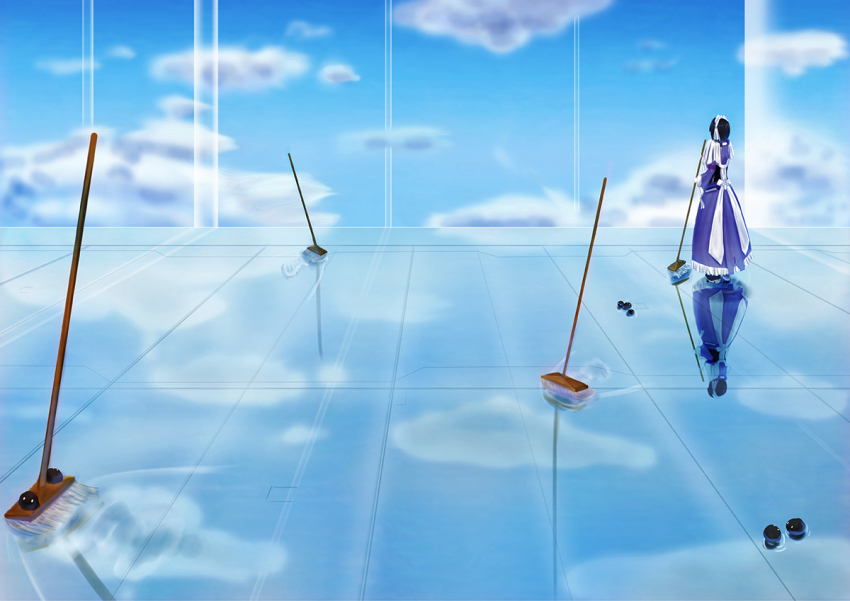 1girl, android, black_hair, broom, brown_algae, female_focus, kyoukaisenjou_no_horizon, maid