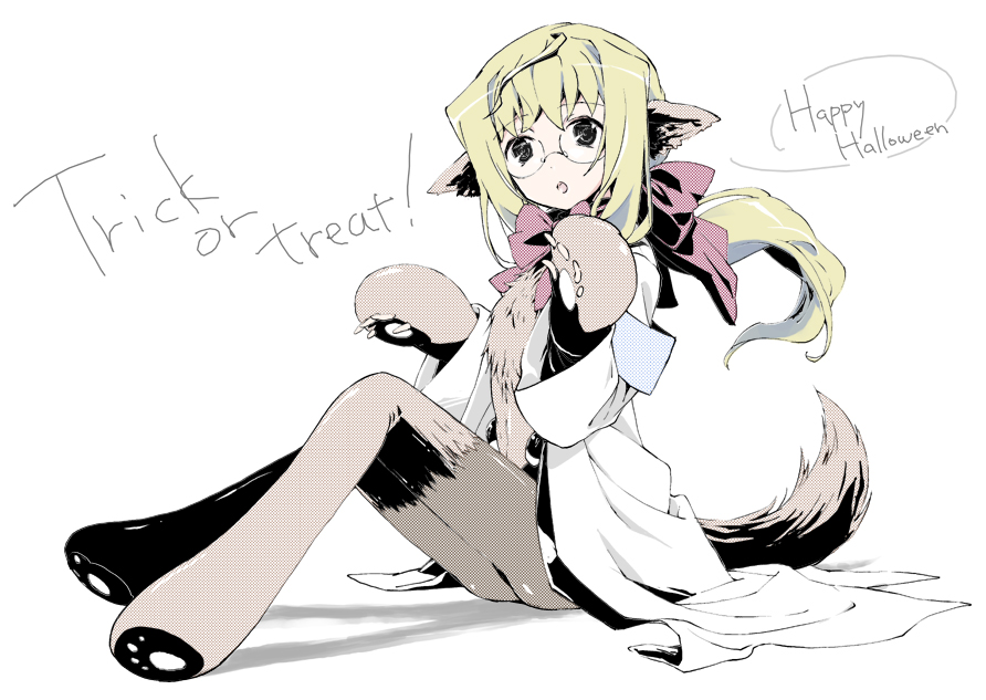 1girl, animal_ears, black_legwear, blonde_hair, bodysuit, costume, female_focus, glasses