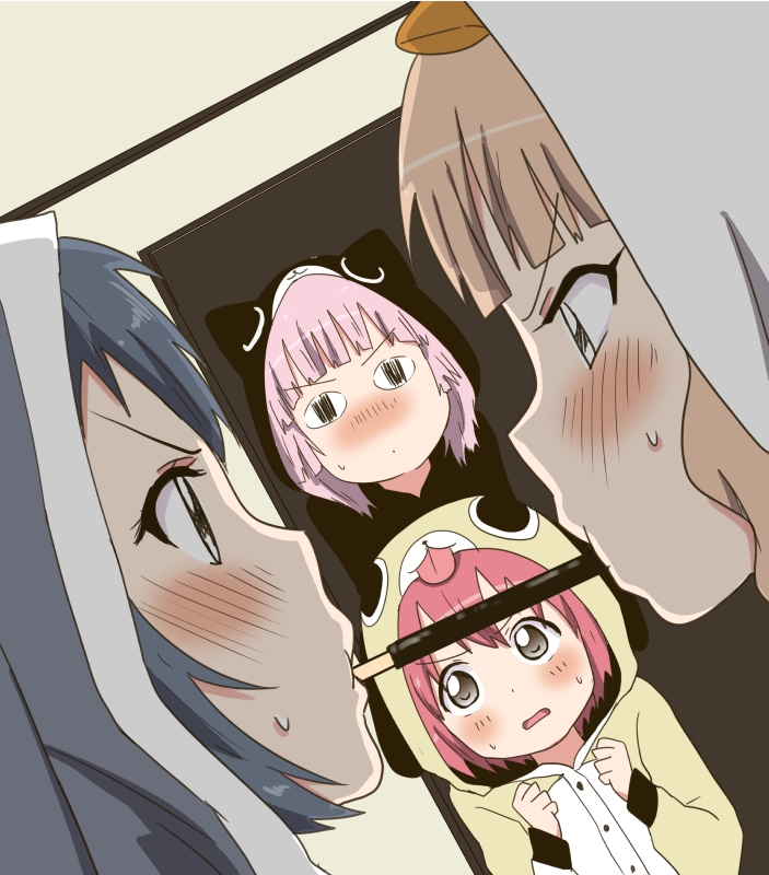 4girls, 7001, akaza_akari, animal_costume, animal_hood, blonde_hair, blue_hair, blush