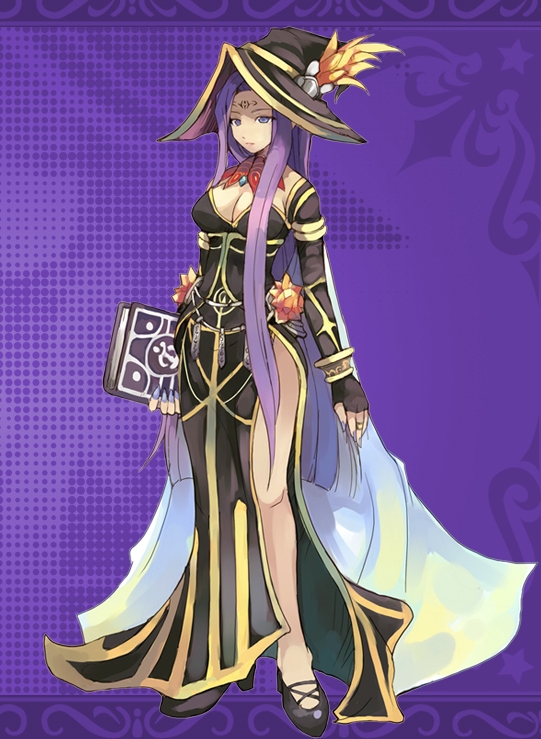 1girl, book, breasts, choker, claire_(luminous_arc), cleavage, detached_sleeves, dress, female_focus, hat, high_heels, jewelry, large_breasts, legs, lipstick, long_hair, luminous_arc, makeup, nail_polish, purple_eyes, purple_hair, purple_nails, ring, shibano_kaito, shoes, solo, standing, very_long_hair, witch, witch_hat