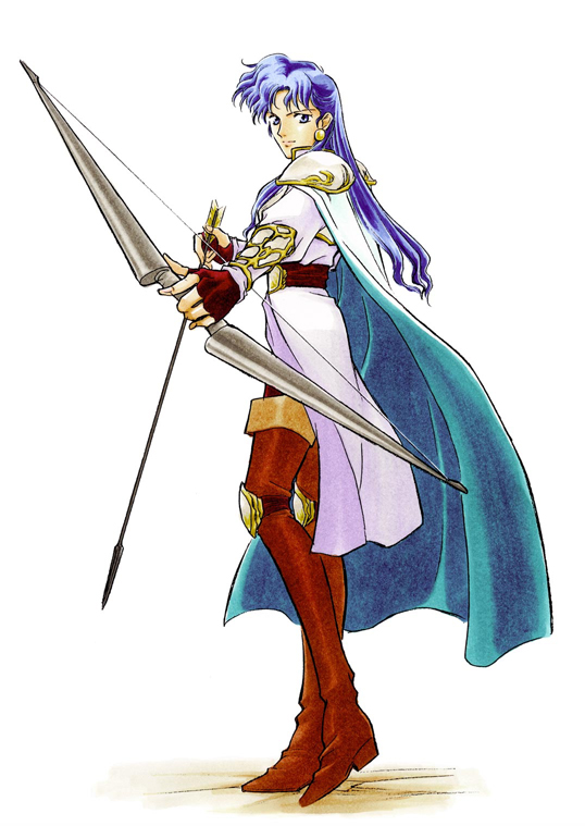 arrow_(projectile), blue_hair, boots, bow_(weapon), brown_boots, cape, fire_emblem, fire_emblem:_thracia_776, long_hair, mayumi_hirota, nintendo, official_art, selphina_(fire_emblem), solo, thigh_boots, thighhighs, weapon