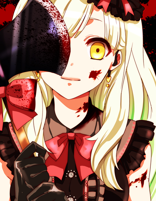 1girl, axe, bad_id, bad_pixiv_id, blood, blood_on_neck, female_focus, gloves