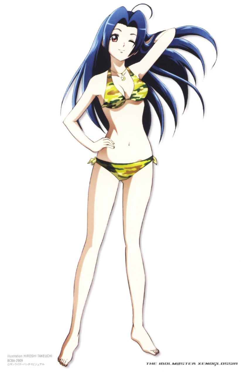 00s, 1girl, ahoge, arm_up, artist_name, barefoot, bikini, blue_hair