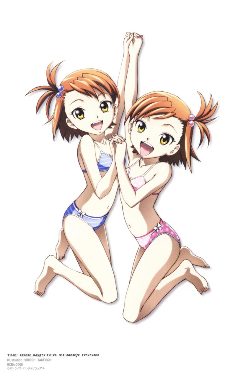 00s, 2girls, bikini, futami_ami, futami_ami_(idolmaster_xenoglossia), futami_mami, futami_mami_(idolmaster_xenoglossia), hair_bobbles, hair_ornament, highres, idolmaster, idolmaster_xenoglossia, multiple_girls, pink_bikini, polka_dot, polka_dot_bikini, polka_dot_swimsuit, siblings, sisters, striped_bikini, striped_clothes, swimsuit, takeuchi_hiroshi, twins