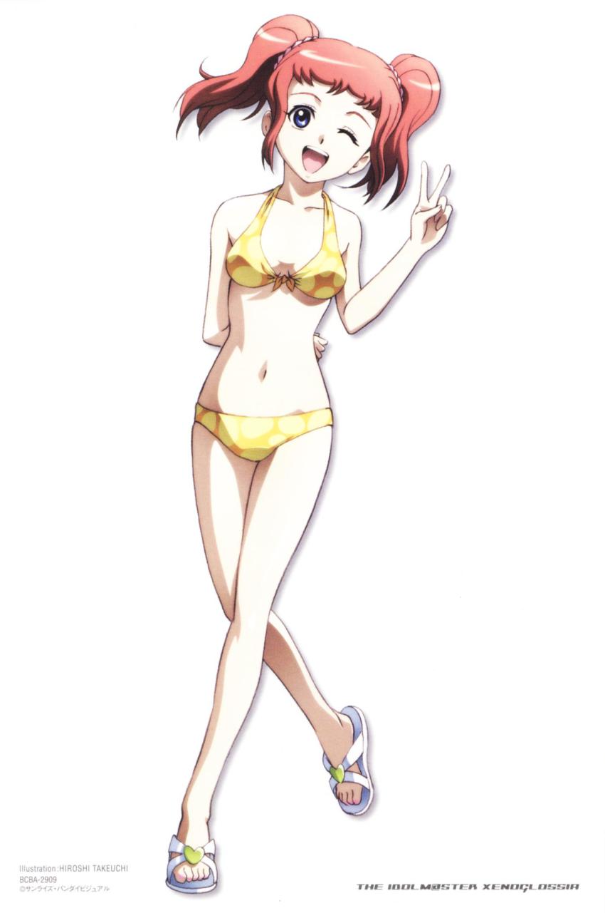 00s, 1girl, bikini, blue_eyes, female_focus, front-tie_bikini_top, front-tie_top, highres, idolmaster, idolmaster_xenoglossia, one_eye_closed, open_mouth, orange_bikini, polka_dot, polka_dot_bikini, polka_dot_swimsuit, red_hair, sandals, solo, swimsuit, takatsuki_yayoi, takatsuki_yayoi_(idolmaster_xenoglossia), takeuchi_hiroshi, twintails, v