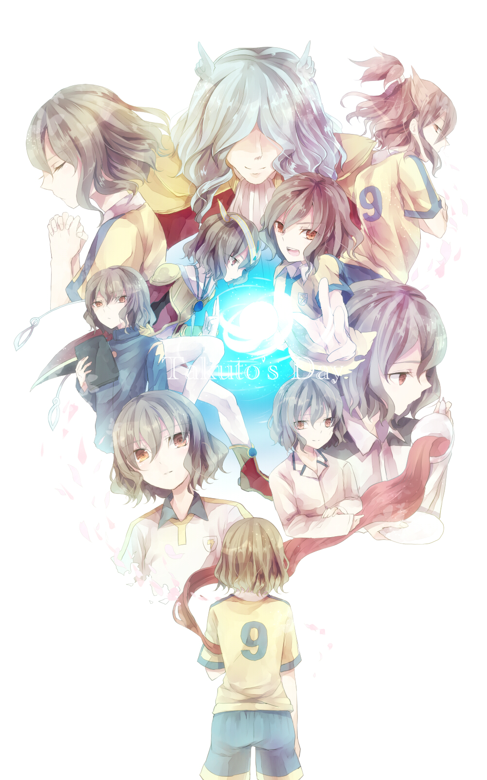 2boys, bad_id, bad_pixiv_id, blue_hair, brown_hair, fusion, gakuran, highres, inazuma_eleven_(series), inazuma_eleven_go, inazuma_eleven_go_chrono_stone, keshin_(inazuma_eleven), keshin_armed, lightning_bolt_symbol, male_focus, multiple_boys, multiple_persona, oda_nobunaga_(inazuma_eleven), raimon, raimon_soccer_uniform, school_uniform, shain_roki, shindou_takuto, soccer_uniform, sousha_maestro, sportswear, white_background