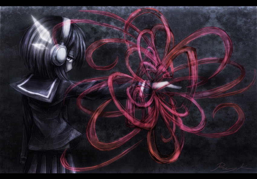 1girl, black_hair, female_focus, from_behind, grey_eyes, headphones, looking_back, nene_nene