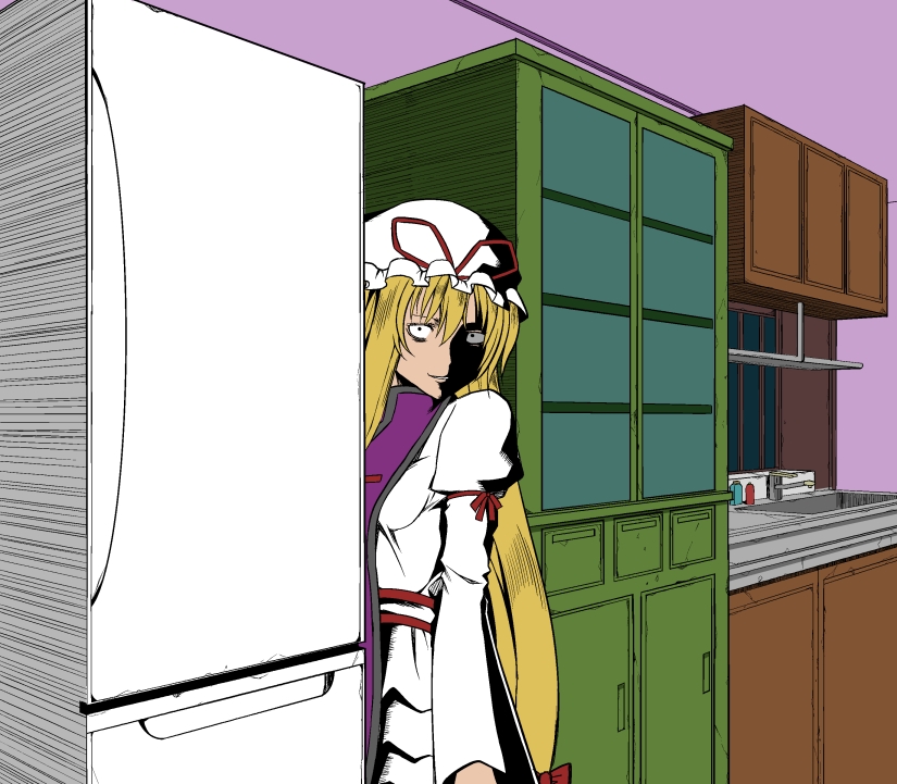 ._., 1girl, blonde_hair, cabinet, creepy, dress, female_focus, hat