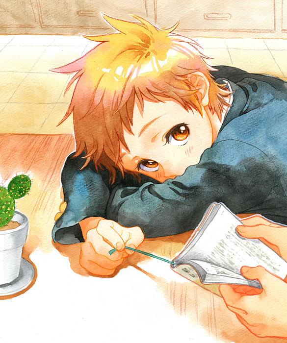 10s, 1boy, bad_id, bad_pixiv_id, book, brown_eyes, brown_hair, cactus, desk, fukube_satoshi, gakura, gakuran, hirayoshi_ami, hyouka, male_focus, school_desk, school_uniform, short_hair, solo_focus