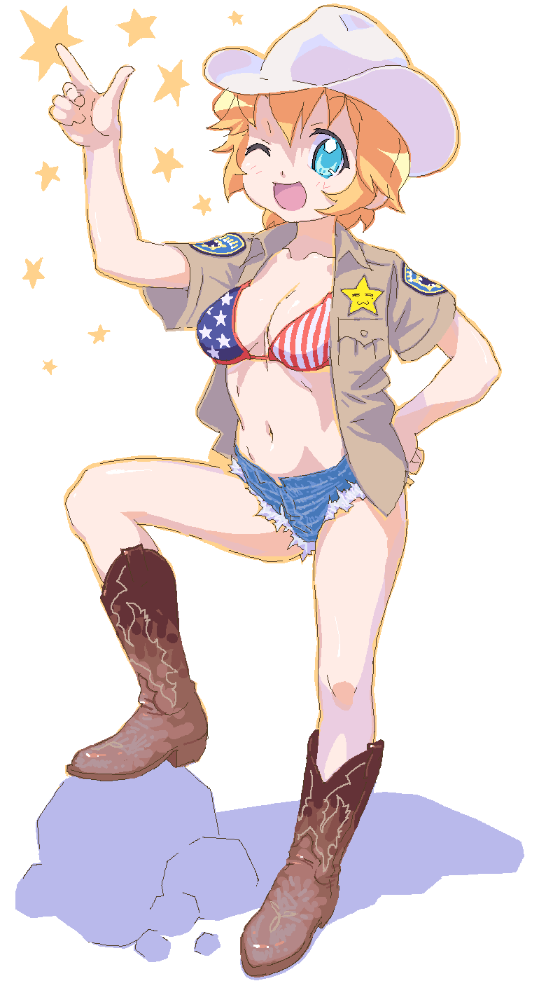 00s, 1girl, ;d, american_flag, american_flag_bikini, american_flag_print, bikini, bikini_top_only, blonde_hair, blue_eyes, boots, breasts, cleavage, cowboy_boots, cowboy_hat, cowboy_western, denim, denim_shorts, female_focus, flag_print, flag_print_bikini, full_body, hand_on_own_hip, hat, highres, lucky_star, medium_breasts, oekaki, one_eye_closed, open_mouth, patricia_martin, print_bikini, sakenotorii, short_hair, shorts, simple_background, smile, solo, standing, star_(symbol), swimsuit, united_states, white_background, wink