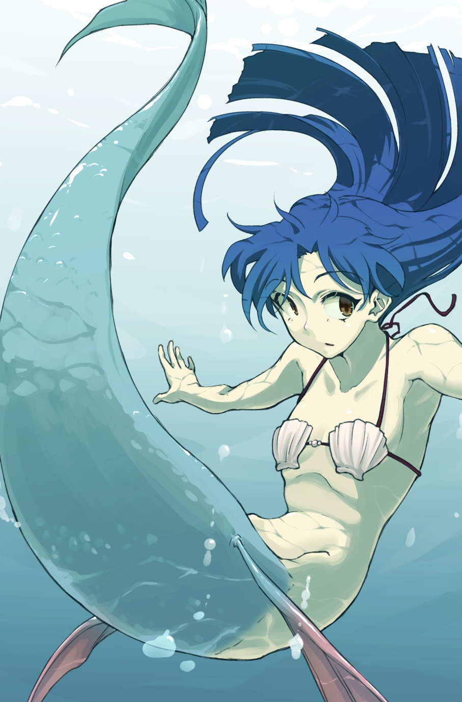 1girl, aya_shachou, bikini, blue_hair, breasts, brown_eyes, bubble, buoyant_hair