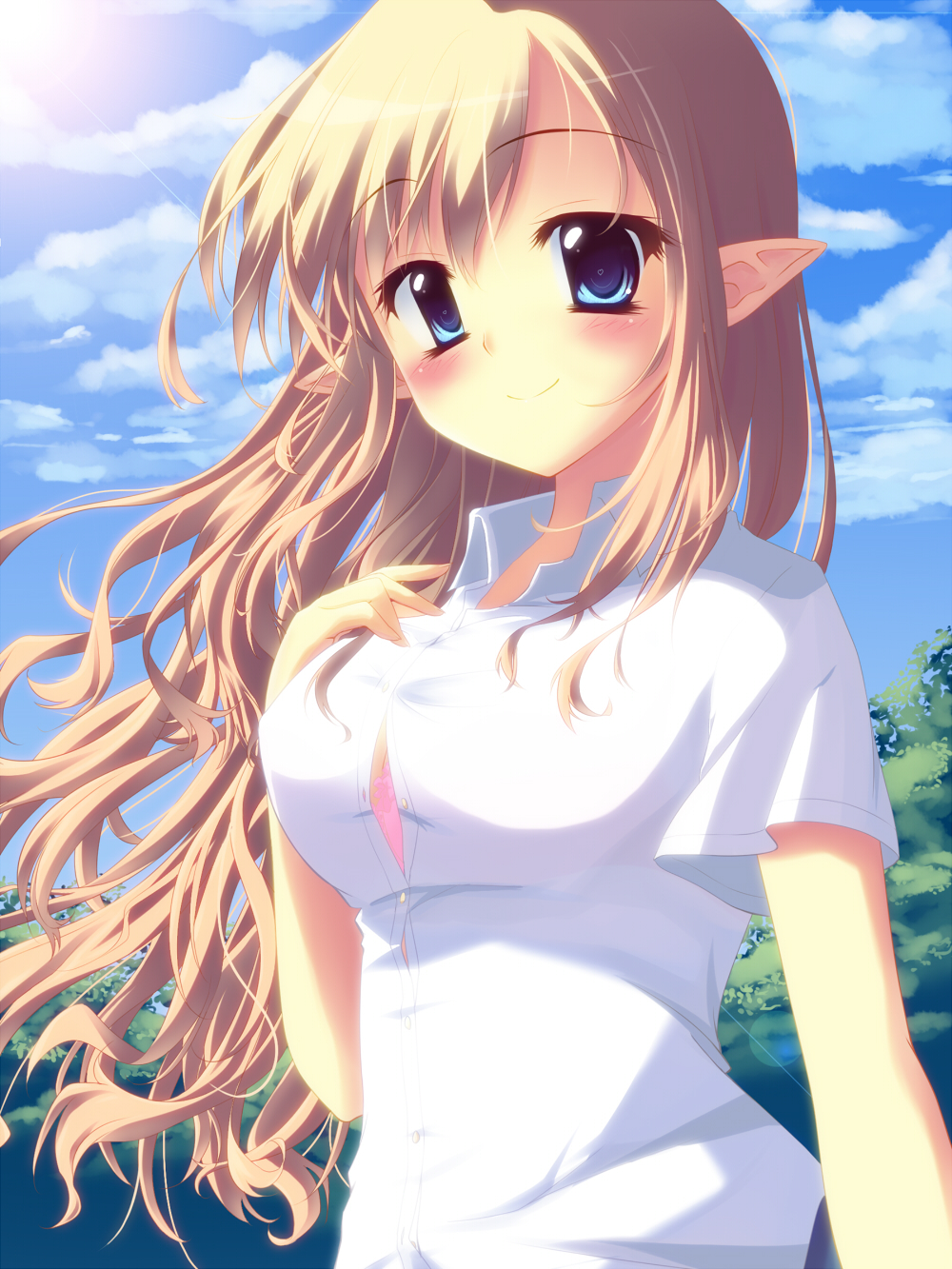 1girl, bad_id, bad_pixiv_id, blonde_hair, blush, bra, breasts, bursting_breasts