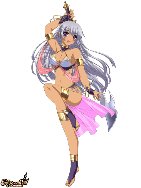 1girl, anklet, armlet, asanuma_katsuaki, barefoot, bikini, bracelet, dancer, dark-skinned_female, dark_skin, earrings, end_breaker!, female_focus, gold_anklet, gold_thighlet, jewelry, long_hair, lots_of_jewelry, non-web_source, purple_eyes, silver_hair, solo, swimsuit, sword, thighlet, toeless_legwear, weapon