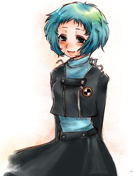 1girl, aqua_eyes, aqua_hair, atlus, blush, cruithne, female_focus, persona, persona_3, school_uniform, short_hair, smile, solo, yamagishi_fuuka