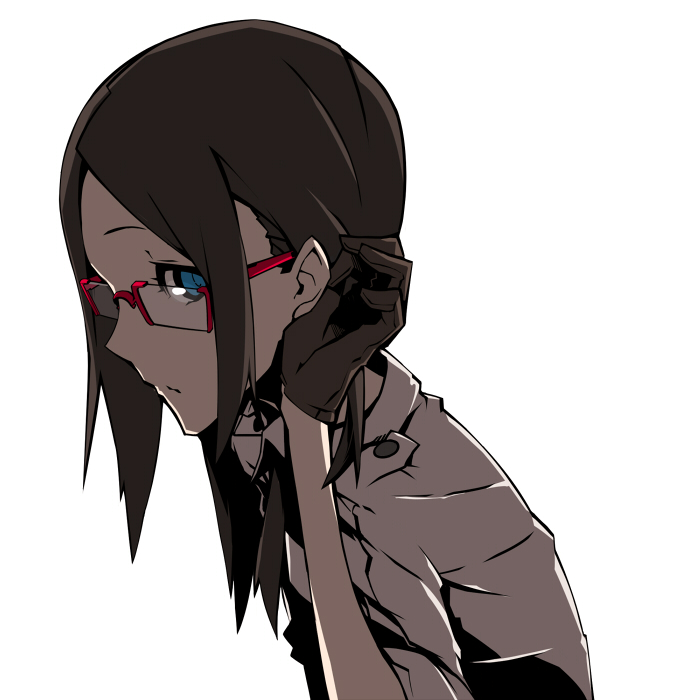 1girl, blue_eyes, brown_hair, female_focus, glasses, gloves, original, red-framed_eyewear