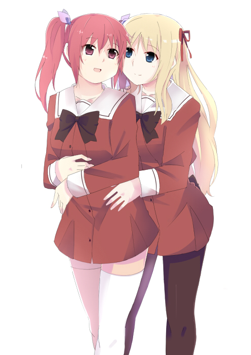 2girls, blonde_hair, blue_eyes, matsubara_yuuna, miya_(miyabi_24), multiple_girls, oda_nanami, pantyhose