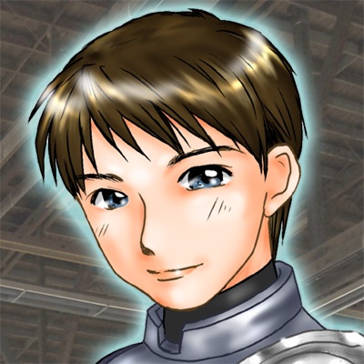 1boy, armor, blue_eyes, brown_hair, ceiling, collar, gradius, james_burton