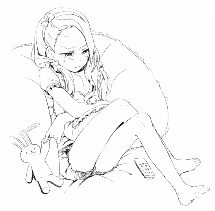 1girl, barefoot, chair, crossed_legs, feet, female_focus, greyscale, hairband