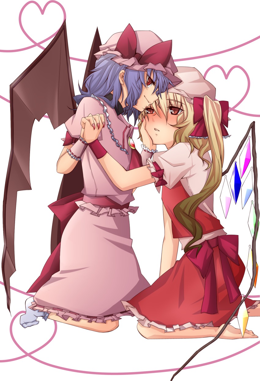 2girls, absurdres, bad_feet, barefoot, bat_wings, blonde_hair, blue_hair, blush