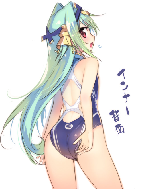 1girl, adjusting_clothes, adjusting_swimsuit, aqua_hair, ass, blue_hair, blue_one-piece_swimsuit, blush