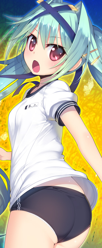 1girl, :o, ass, blue_hair, blush, buruma, female_focus, gym_uniform