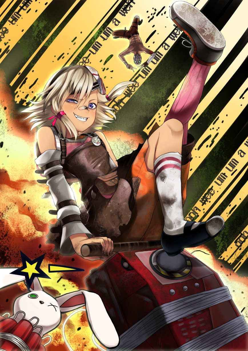 1girl, animification, asymmetrical_footwear, asymmetrical_legwear, bandaid, bandaid_on_face, bandaid_on_nose, blonde_hair