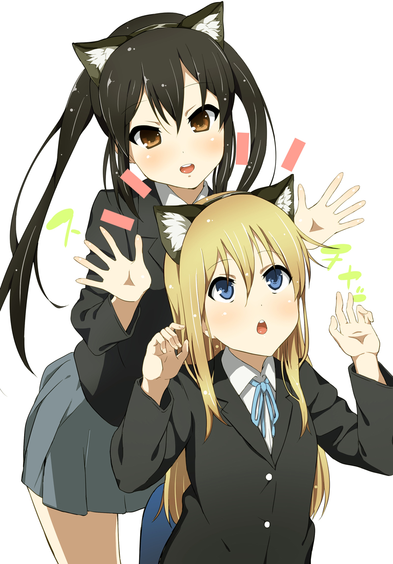 2girls, :d, animal_ears, bad_id, bad_pixiv_id, black_hair, blonde_hair, blue_eyes