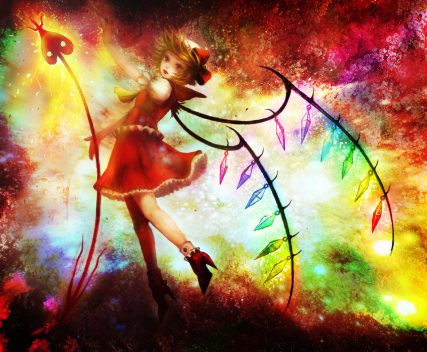 1girl, blonde_hair, blouse, bobby_socks, female_focus, flandre_scarlet, glowing, high_heels