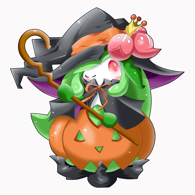 1girl, alternate_costume, blush, crown, female_focus, flower, gen_5_pokemon, halloween, hat, lilligant, monster_girl, neru_(neruneruru), nintendo, no_humans, one_eye_closed, plant, plant_girl, pokemon, pokemon_(creature), red_eyes, simple_background, solo, staff, wink, witch_hat
