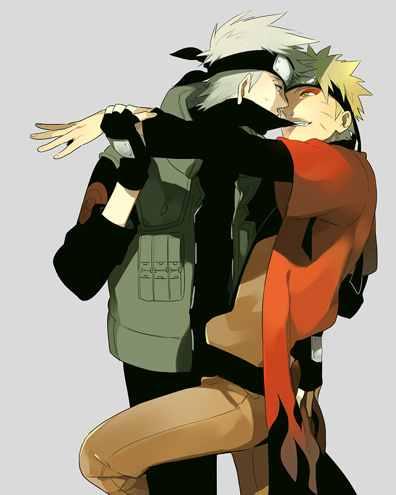 2boys, blonde_hair, fingerless_gloves, forehead_protector, gloves, hatake_kakashi, horizontal_pupils, i_(kaiyou)