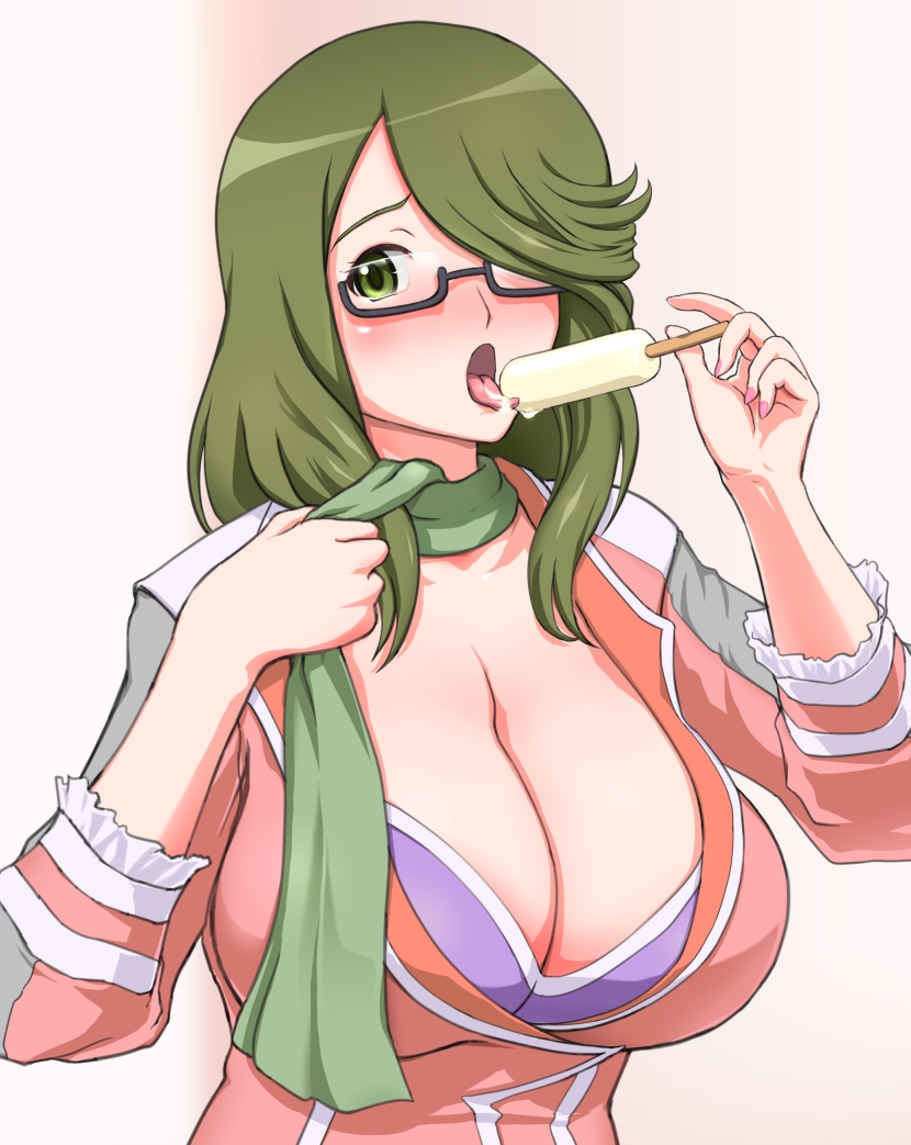 1girl, black-framed_eyewear, blush, breasts, chousoku_henkei_gyrozetter, cleavage, eating, female_focus