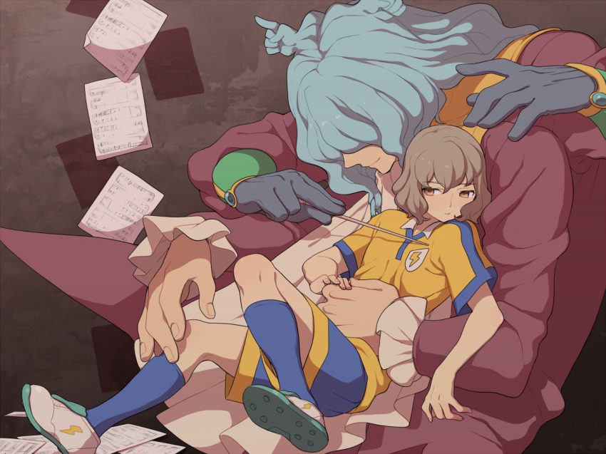 2boys, bad_id, bad_pixiv_id, blue_hair, brown_eyes, brown_hair, extra_arms, gloves, hug, inazuma_eleven, inazuma_eleven_(series), inazuma_eleven_go, keshin_(inazuma_eleven), kudou_akira, lightning_bolt_symbol, male_focus, multi_limb, multiple_boys, raimon, raimon_soccer_uniform, sheet_music, shindou_takuto, soccer_uniform, sousha_maestro, sportswear