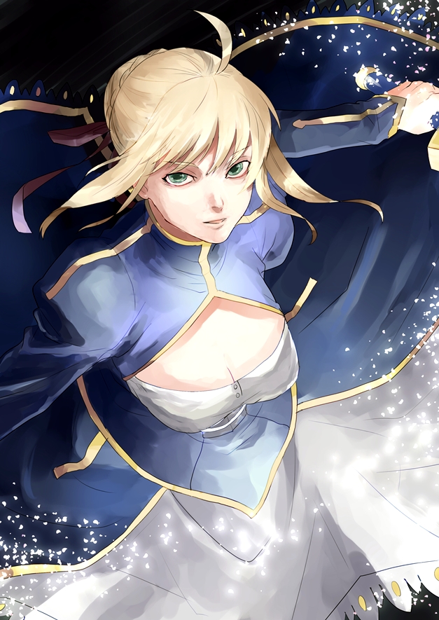 1girl, ahoge, artoria_pendragon_(fate), bad_id, bad_pixiv_id, blonde_hair, dress, excalibur_(fate/stay_night), fate/zero, fate_(series), female_focus, green_eyes, hair_ribbon, hisakinin, ribbon, saber_(fate), solo, sword, weapon