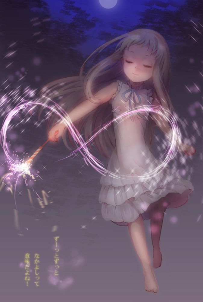 10s, 1girl, ano_hi_mita_hana_no_namae_wo_bokutachi_wa_mada_shiranai., az_(shotatteiiyone), bad_id, bad_pixiv_id, barefoot, closed_eyes, dress, feet, female_focus, fireworks, honma_meiko, long_hair, silver_hair, sleeveless, sleeveless_dress, solo, sparkler, translated