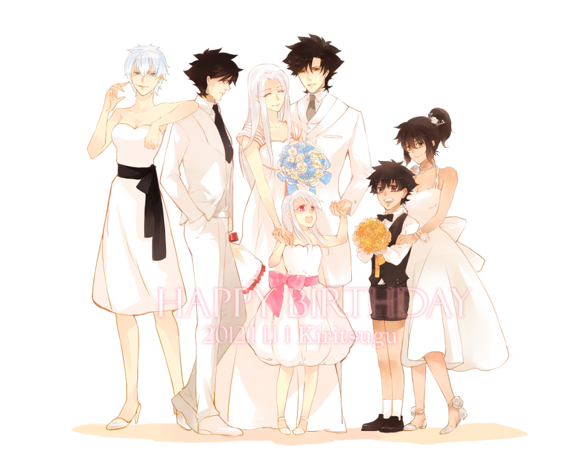 3boys, 4girls, aged_down, aged_up, amore1989, black_eyes, black_hair, blue_eyes, blue_hair, bouquet, child, emiya_family_(fate), emiya_kiritsugu, facial_hair, fate/zero, fate_(series), flower, formal_clothes, highres, illyasviel_von_einzbern, irisviel_von_einzbern, irisviel_von_einzbern_(angel's_song), long_hair, multiple_boys, multiple_girls, multiple_persona, natalia_kaminski, red_eyes, shirley_(fate), short_hair, stubble, suit, white_hair, white_suit